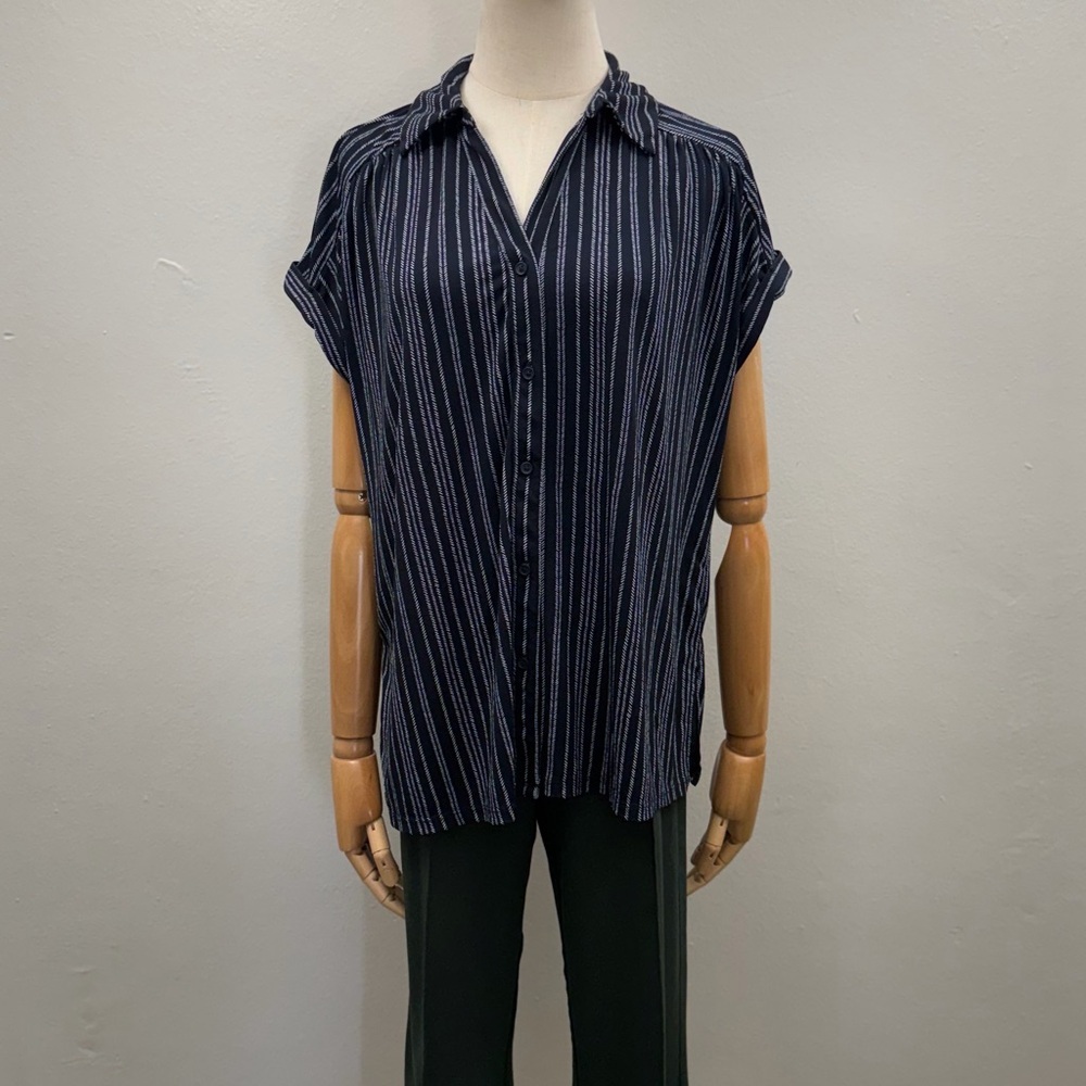 Adrianna Papell Striped Button Front Blouse Short Sleeve Black White Size L